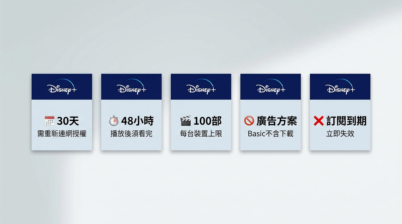 Disney+ 官方下載5大限制:30天需連網、48小時播完、每台100部、Basic方案不含下載、訂閱到期即失效