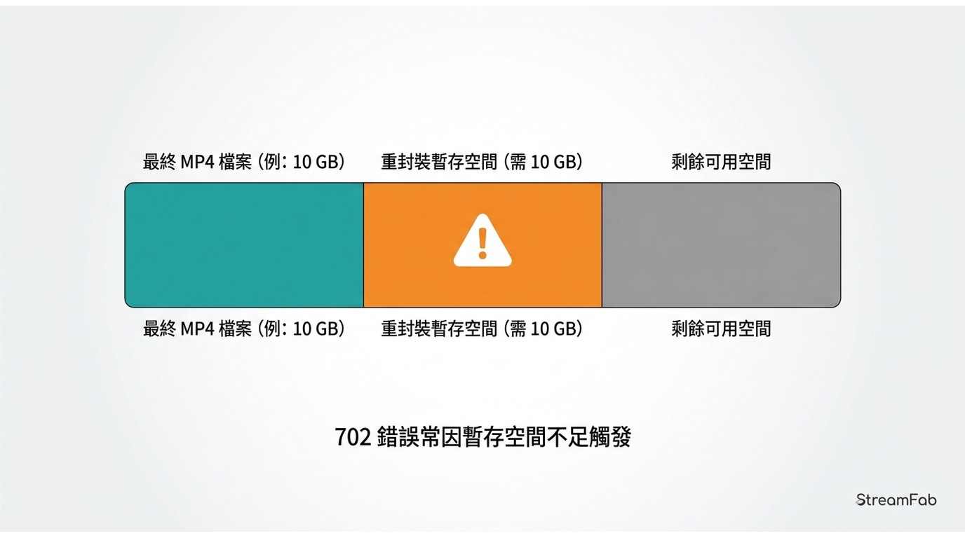 StreamFab重封裝磁碟需求示意:最終檔案加上等量暫存空間,空間不足觸發702錯誤