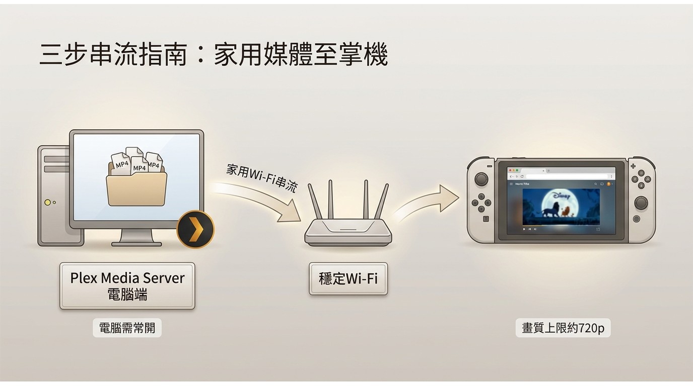 Plex從電腦串流到Switch的三段架構：PC端媒體庫→家用Wi-Fi→Switch隱藏瀏覽器播放，畫質約720p