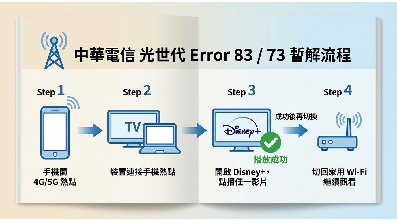 中華電信光世代用戶繞過Disney+ Error 83的四步暫解流程：切4G熱點→連Disney+→播放→切回Wi-Fi