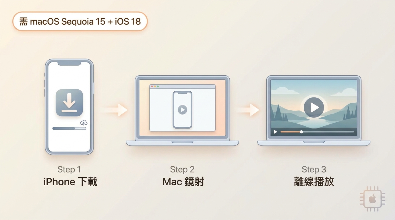 iPhone Mirroring 三步驟:iPhone 下載 Disney+ 影片,Mac 開啟鏡射視窗,在 Mac 端離線播放
