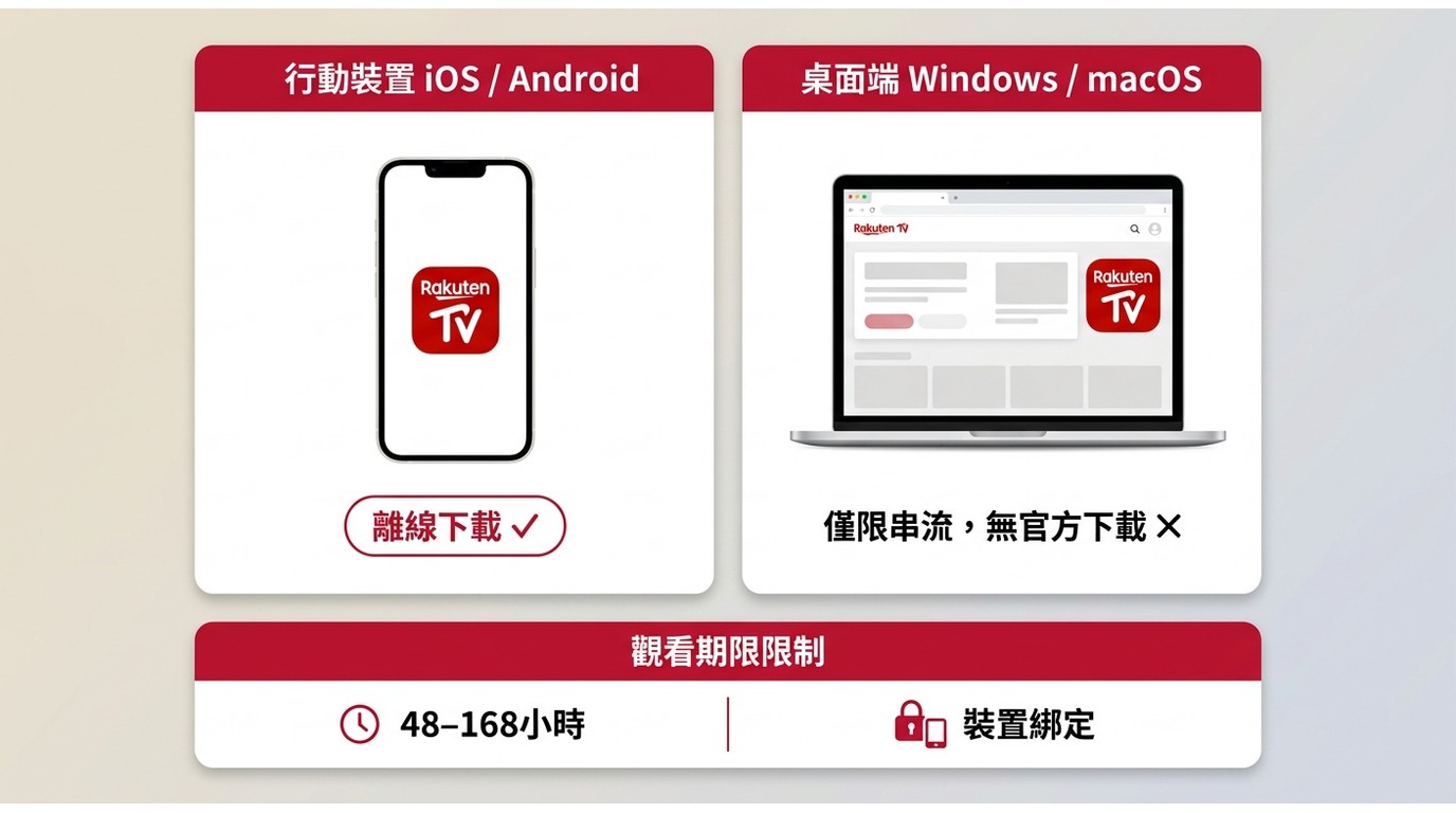 樂天TV官方下載僅支援iOS/Android，Windows與macOS桌面端無官方下載功能對比