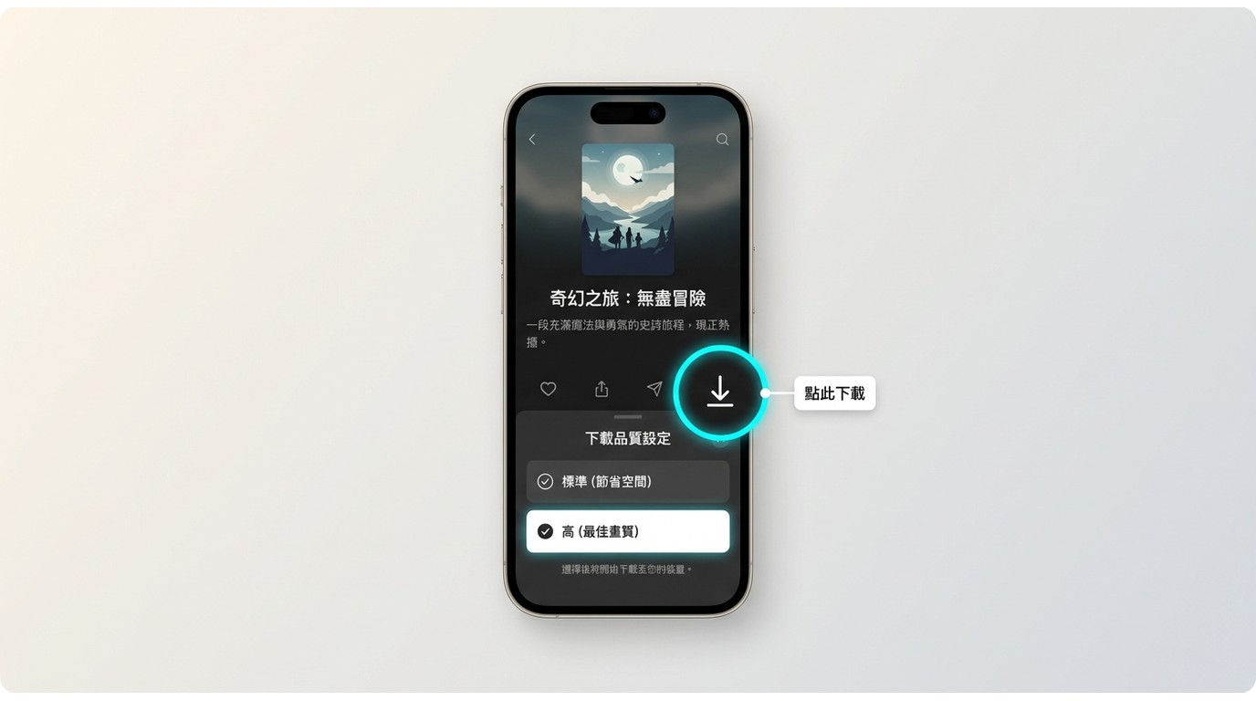 Disney+ 手機App影片頁面中的下載按鈕位置,以及下載品質標準與高的切換選項