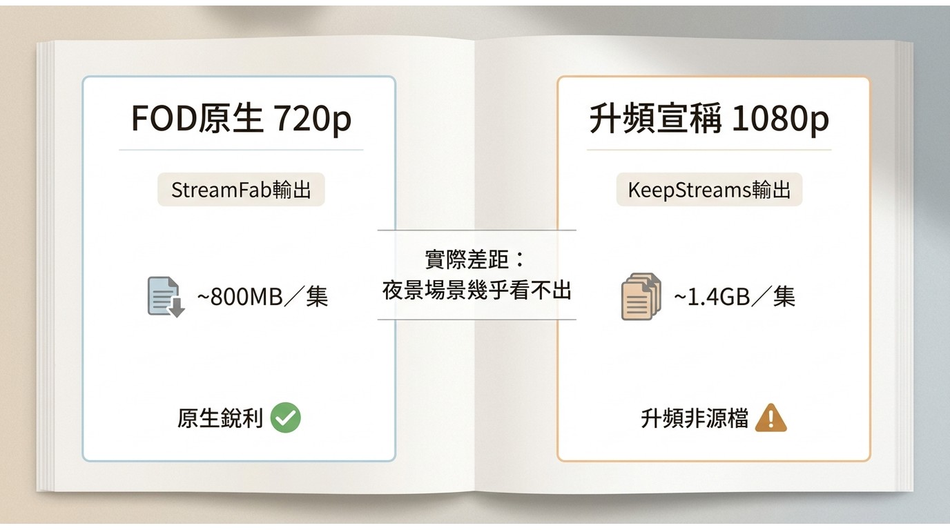 FOD 720p原生（StreamFab）與宣稱1080p升頻（KeepStreams）的檔案大小與畫質實際差異對比