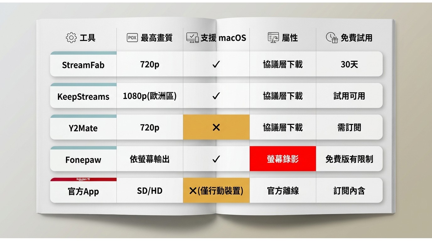 StreamFab、KeepStreams、Y2Mate、Fonepaw與樂天TV官方App在畫質、macOS支援與下載方式的規格對照