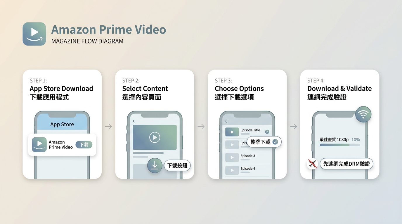 iPhone下載Amazon Prime Video四步驟：安裝App、點下載圖示、選集數、Wi-Fi環境先連網驗證再切飛航