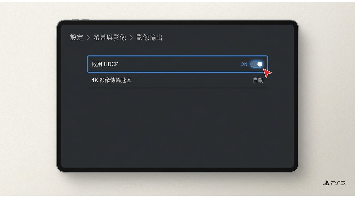 PS5設定畫面：螢幕與影像→影像輸出→啟用HDCP開關位置示意，修復Disney+ Error 83