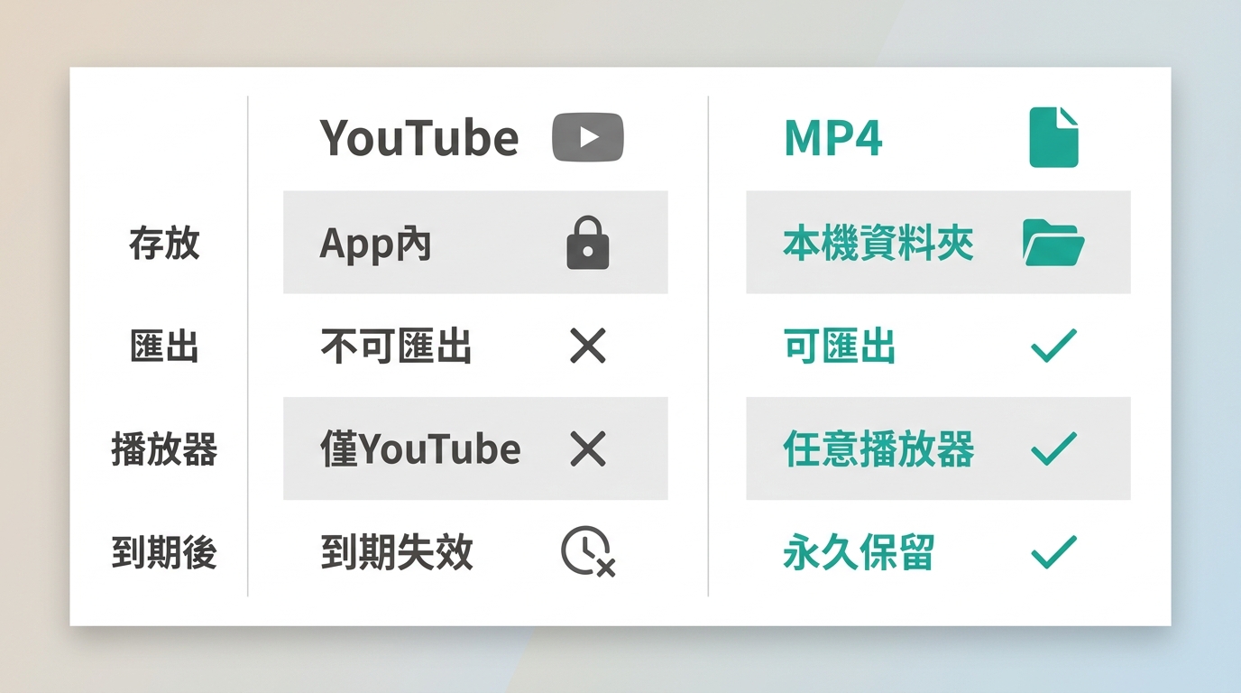 YouTube官方離線與MP4檔案功能對比：存放位置、可匯出性、跨播放器相容性、到期後可用性