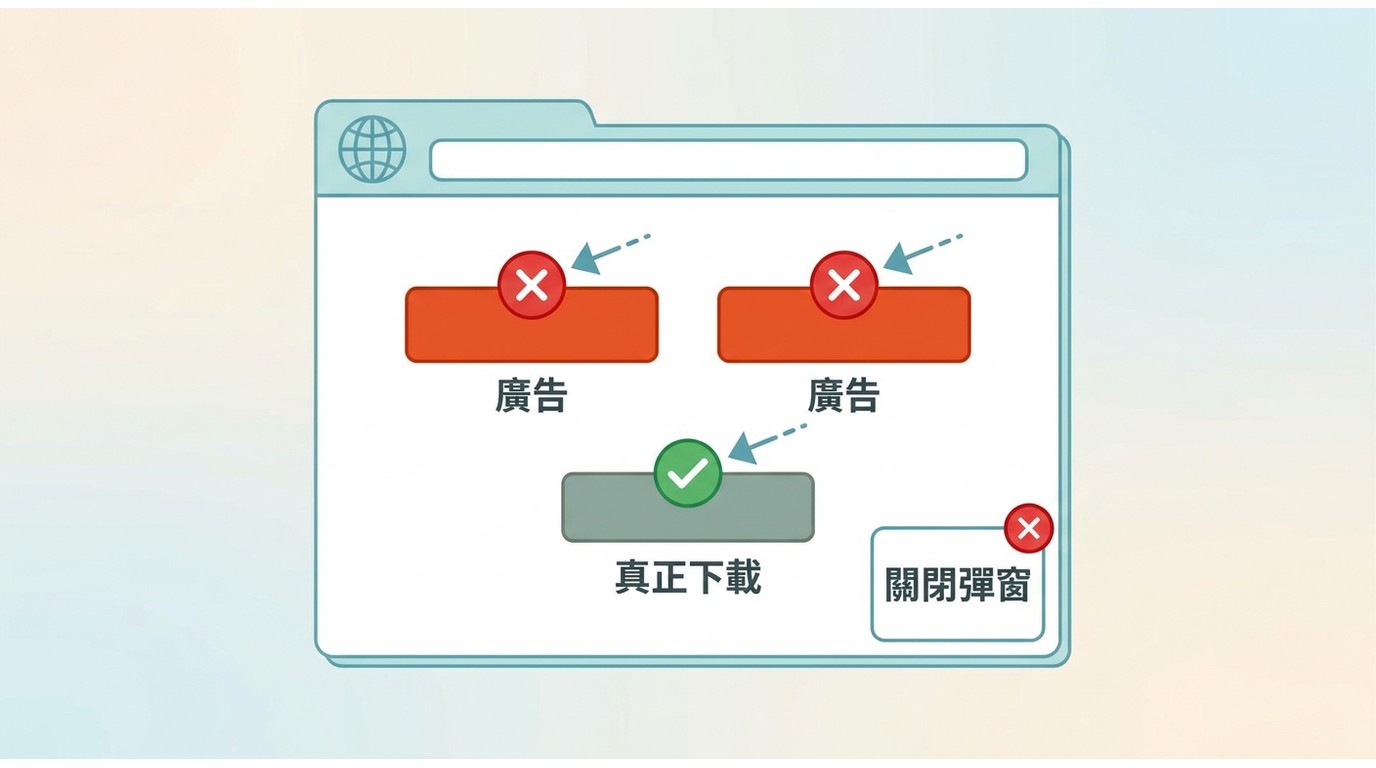 線上YouTube下載器頁面示意：紅色標記廣告假按鈕、綠色標記真正下載鍵，以及應關閉的彈出視窗