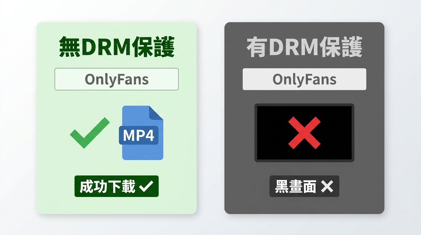 無DRM影片可正常下載，有DRM保護影片用一般工具只得黑畫面對比示意