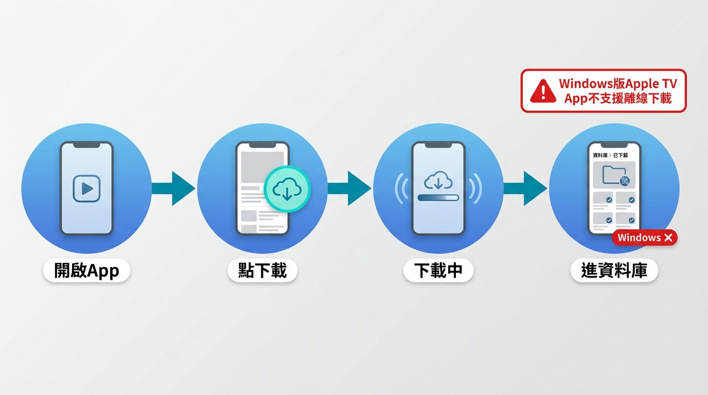 iPhone上Apple TV App四步下載流程：開啟App、點下載圖示、等待下載、在資料庫查看；附Windows不支援提示