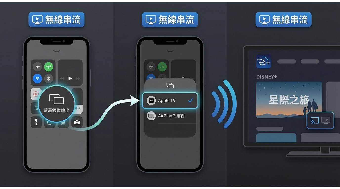 iPhone透過AirPlay投放Disney+到Apple TV的三步驟:開控制中心、選螢幕鏡像輸出、選擇目標裝置