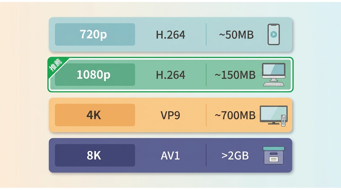 YouTube下載畫質對比：720p至8K解析度、H.264/VP9/AV1編碼、10分鐘影片約佔容量與適合情境