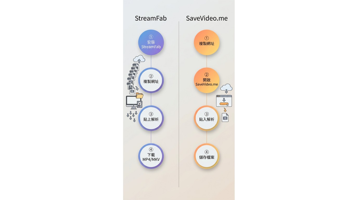 StreamFab 與線上工具兩條下載路徑步驟對比,從複製網址到取得本機 MP4