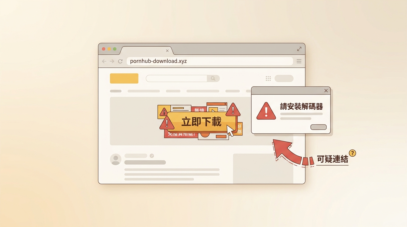 線上下載站三大風險:偽裝廣告的假下載按鈕、強制安裝解碼器彈窗、可疑重定向連結