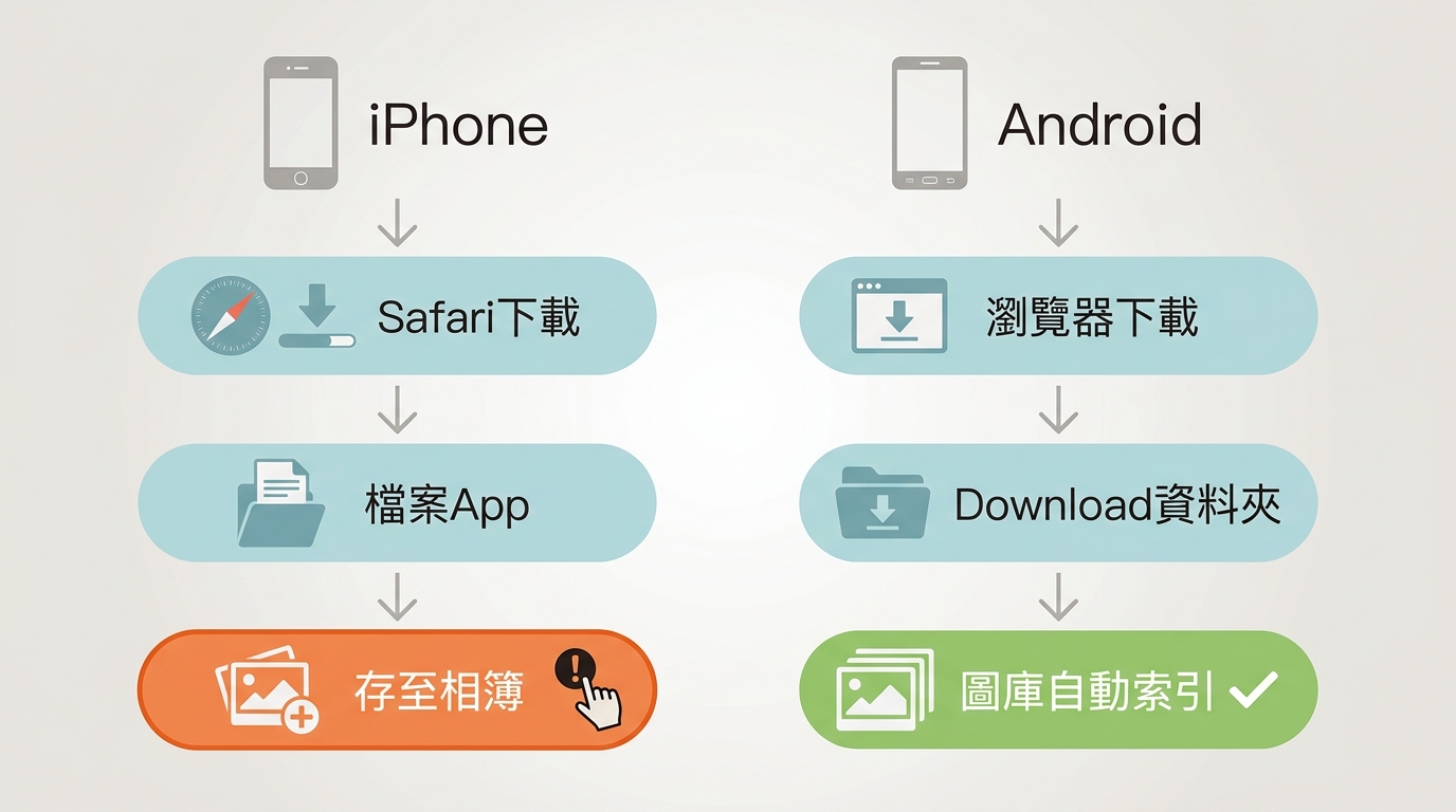 iPhone與Android下載YouTube MP4後存入相簿的步驟對比：iPhone需手動儲存至相簿，Android自動索引