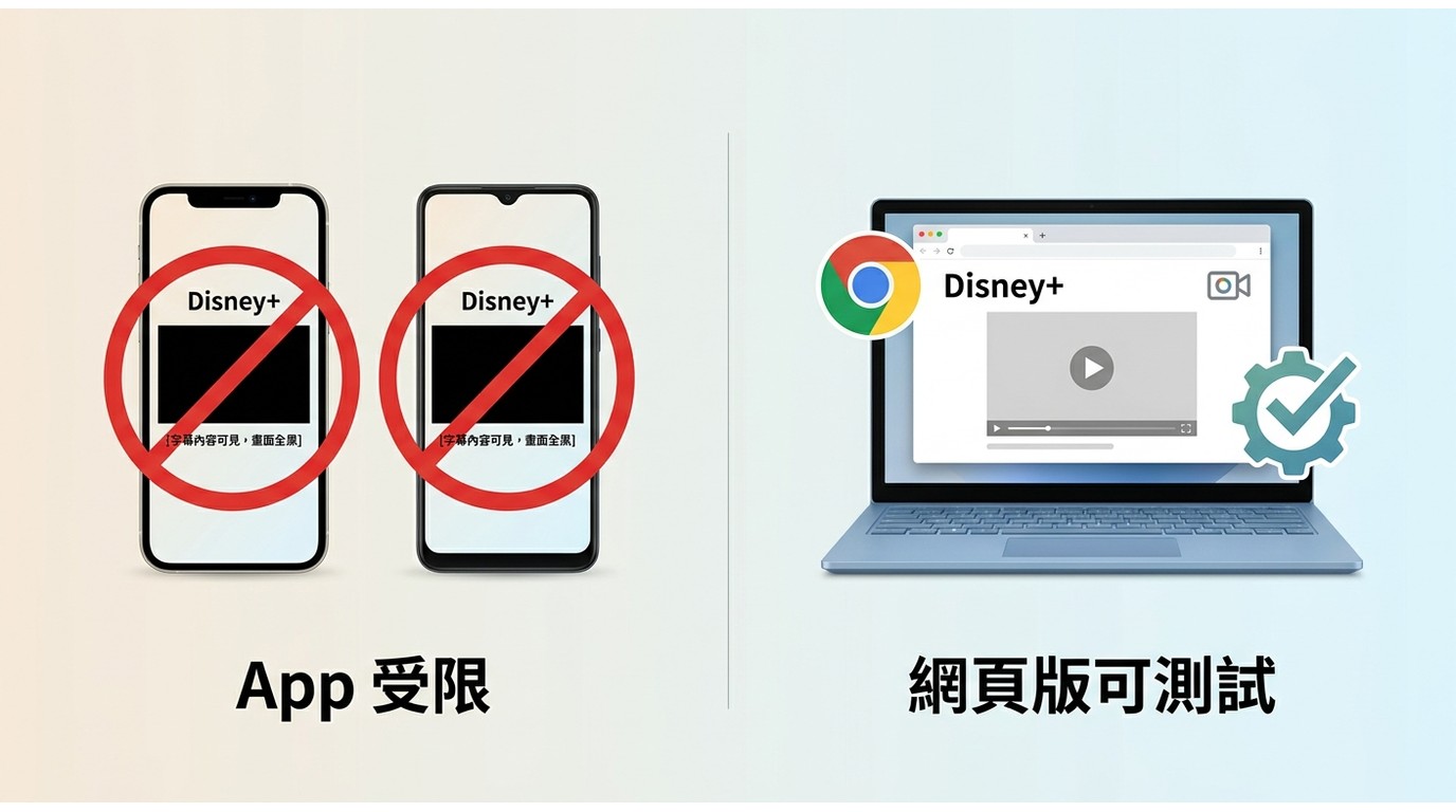 iPhone 與 Android 的 Disney+ 黑屏截圖限制,對比 Windows 網頁版可測試的方式。