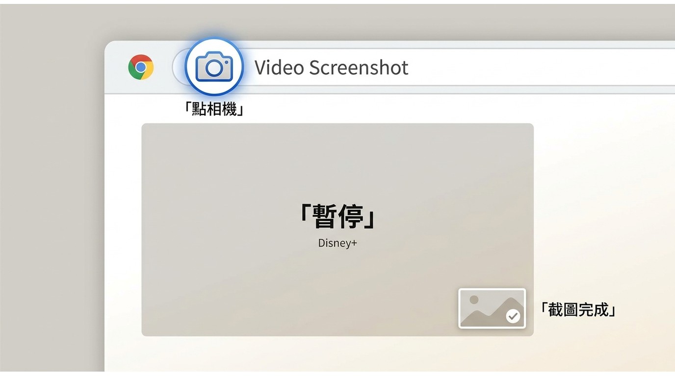 Chrome 的 Video Screenshot 擴充功能在暫停的 Disney+ 網頁影片上擷取單張畫面。