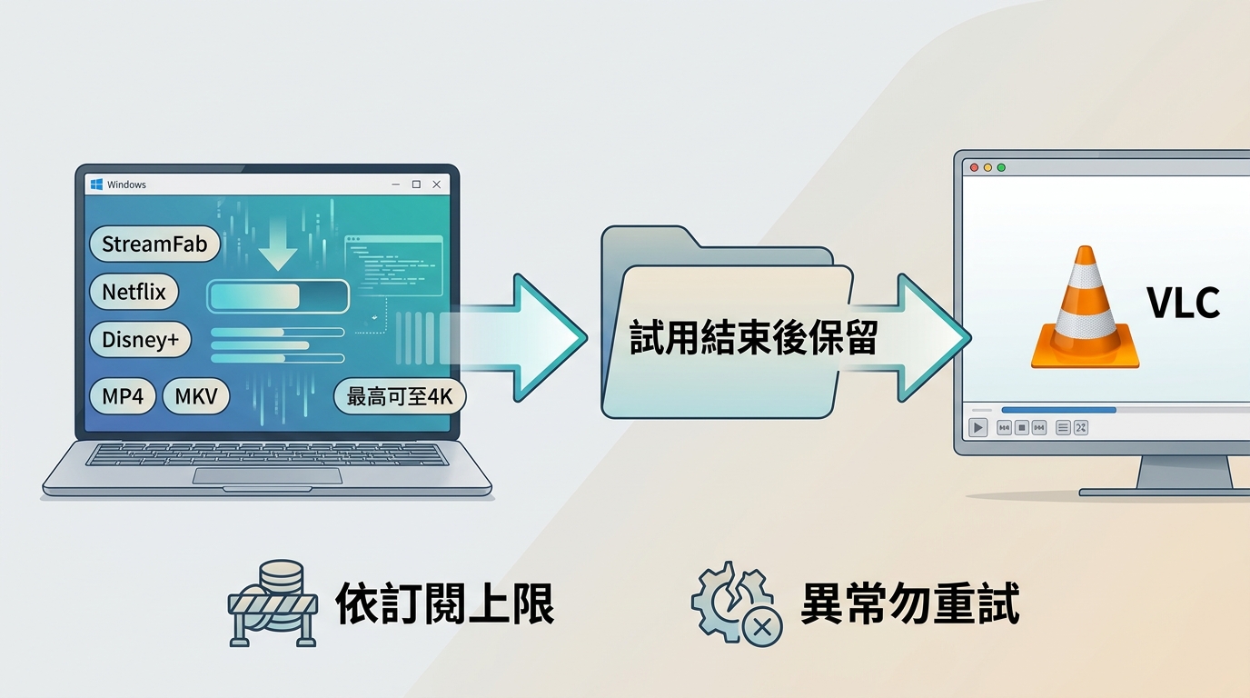 StreamFab下載為MP4或MKV，本機檔案在試用結束後仍保留，畫質依平台方案而定。