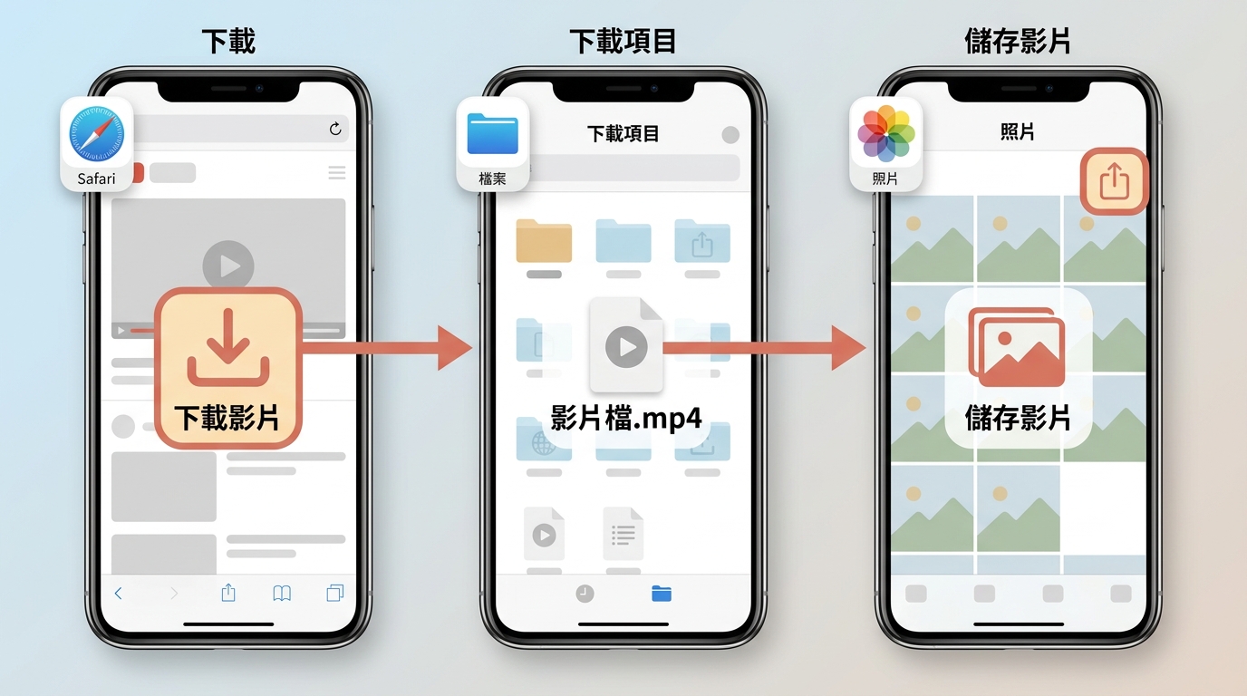 Safari下載影片後在檔案找到MP4並儲存到照片的步驟。