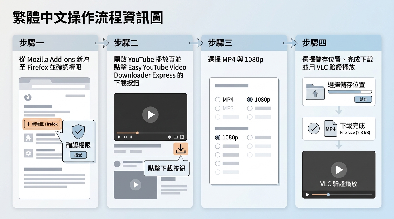 Firefox使用 Easy YouTube Video Downloader Express 安裝、選格式並完成MP4下載的流程。