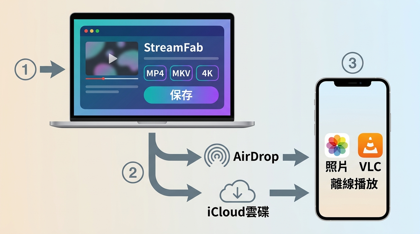StreamFab在電腦保存MP4或MKV後，經AirDrop或iCloud雲碟傳入iPhone播放。