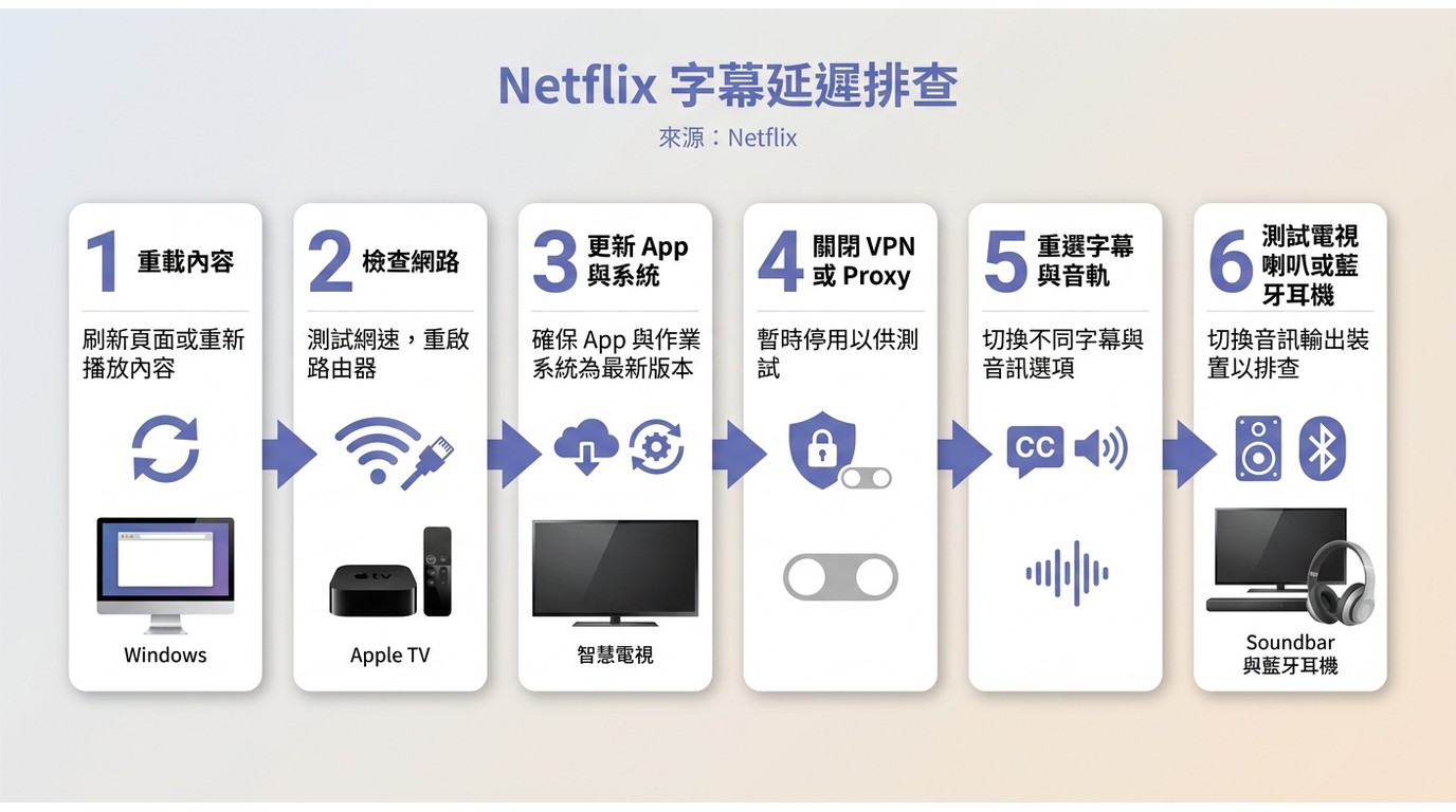 Netflix字幕延遲依網路、裝置、字幕與音響排查的流程