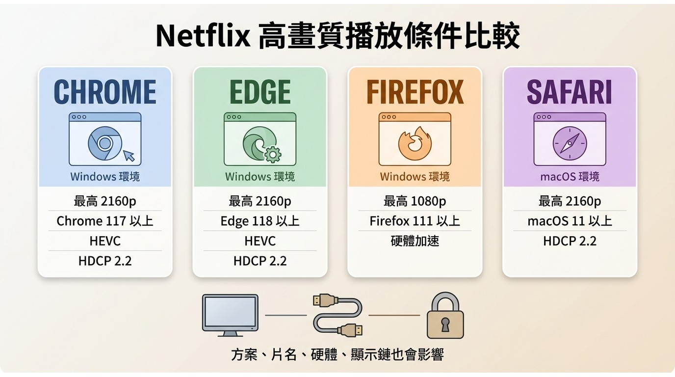 Netflix在Chrome、Edge、Firefox與Safari的最高畫質及播放條件比較。