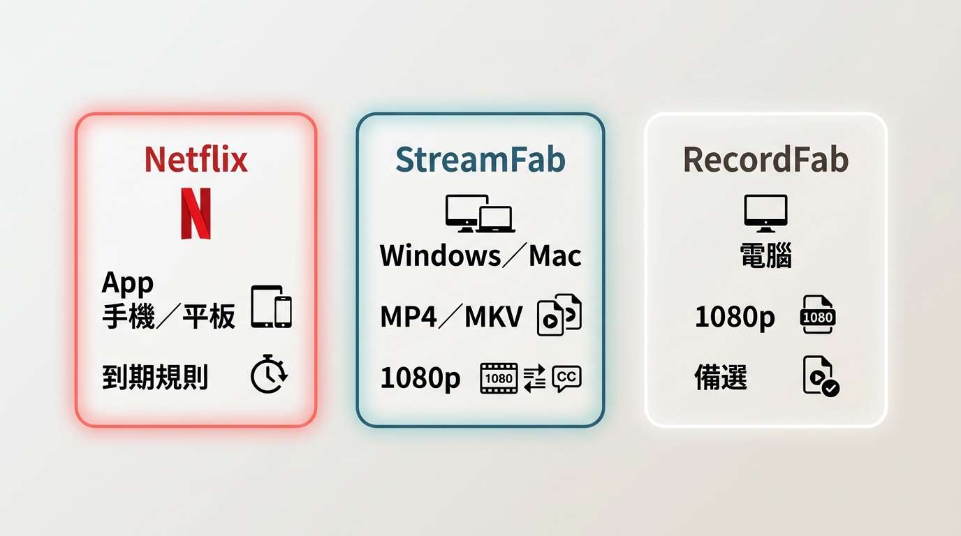 Netflix、StreamFab與RecordFab的裝置、保存方式、畫質及適用情境比較。