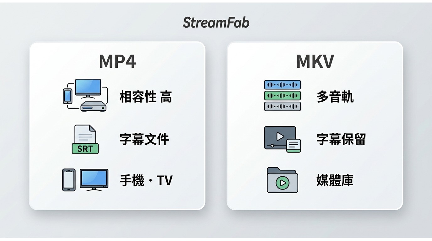 StreamFab 的 MP4 與 MKV 格式在相容性、字幕音軌和使用情境上的差異。