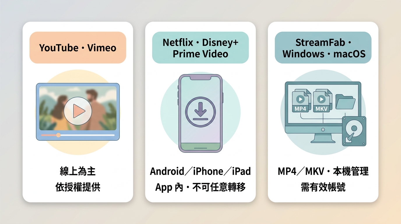 正版片庫、Netflix等官方App與StreamFab本機檔案的離線方式比較
