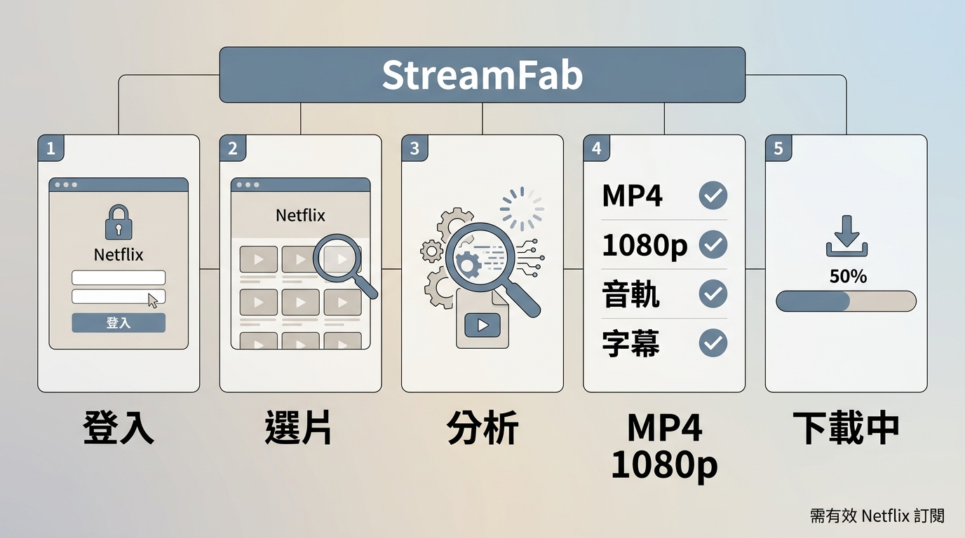 StreamFab 內建 Netflix 介面從登入、分析影片到選擇 MP4 1080p 下載的五步操作。