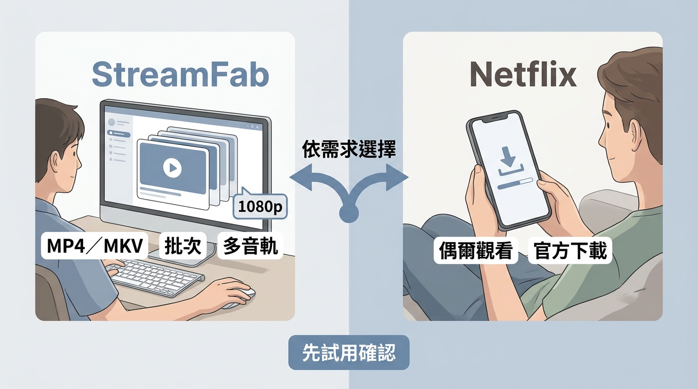 StreamFab 適合重視 MP4、批次與多音軌的使用者,偶爾手機離線觀看者可選 Netflix 官方下載。