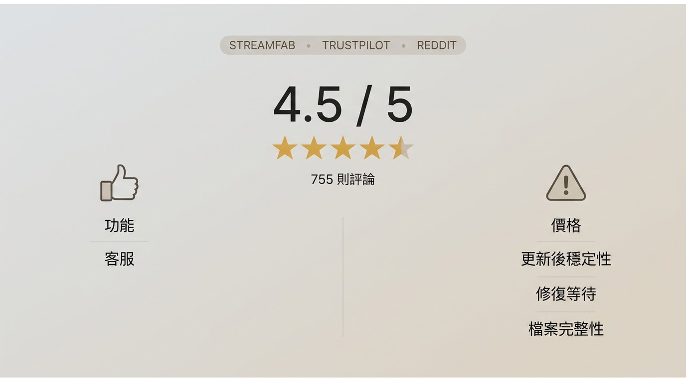 StreamFab 在 Trustpilot 的4.5/5評分,以及 Reddit 常見的價格與穩定性疑慮。