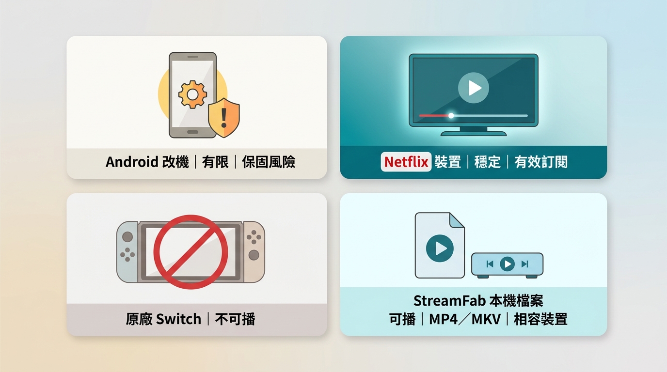 Switch、改機Android、Netflix支援裝置與MP4/MKV播放方案的限制比較。