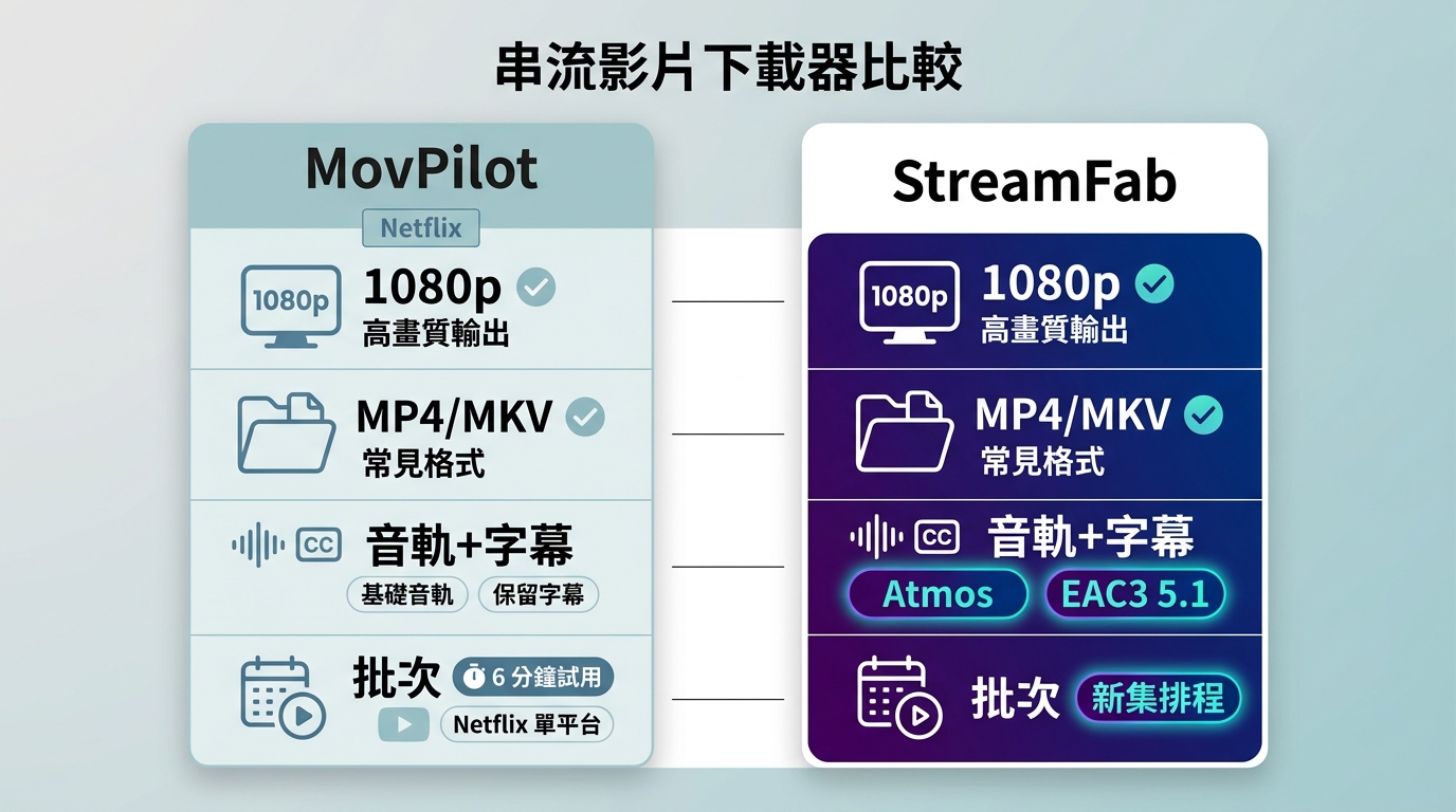 MovPilot與StreamFab的1080p、音訊、批次下載及新集排程比較