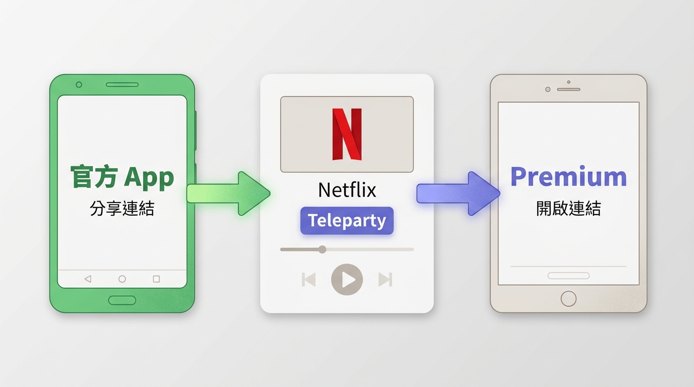 Teleparty在Android官方App與iPhone、iPad Premium的建立派對路徑差異。