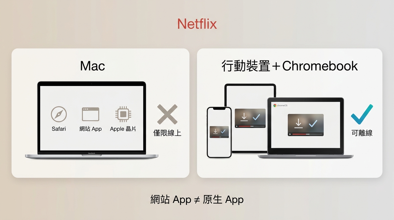 Netflix在Mac、Safari網站App與Apple晶片Mac不支援官方離線下載，行動裝置與Chromebook可用。