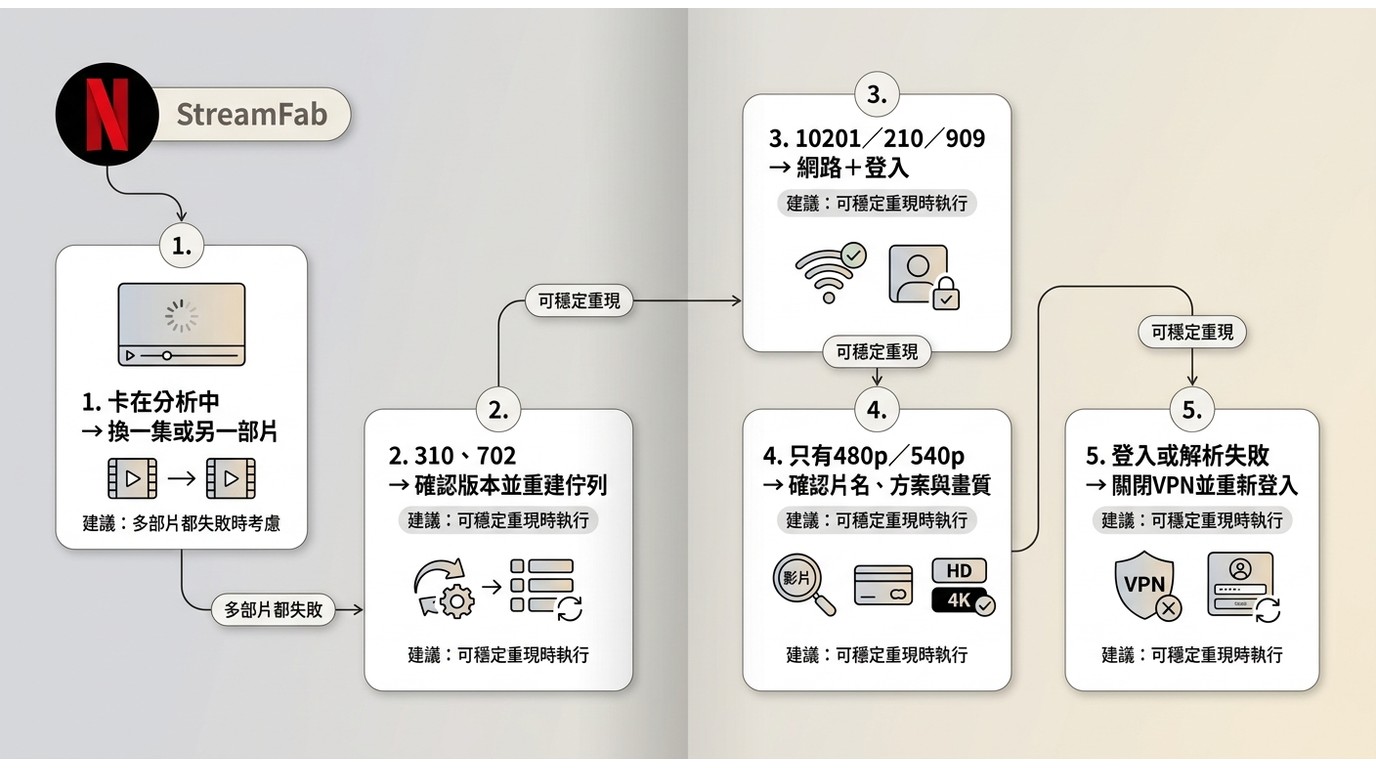 StreamFab Netflix依分析、錯誤碼、畫質與登入狀況排查下載失敗。
