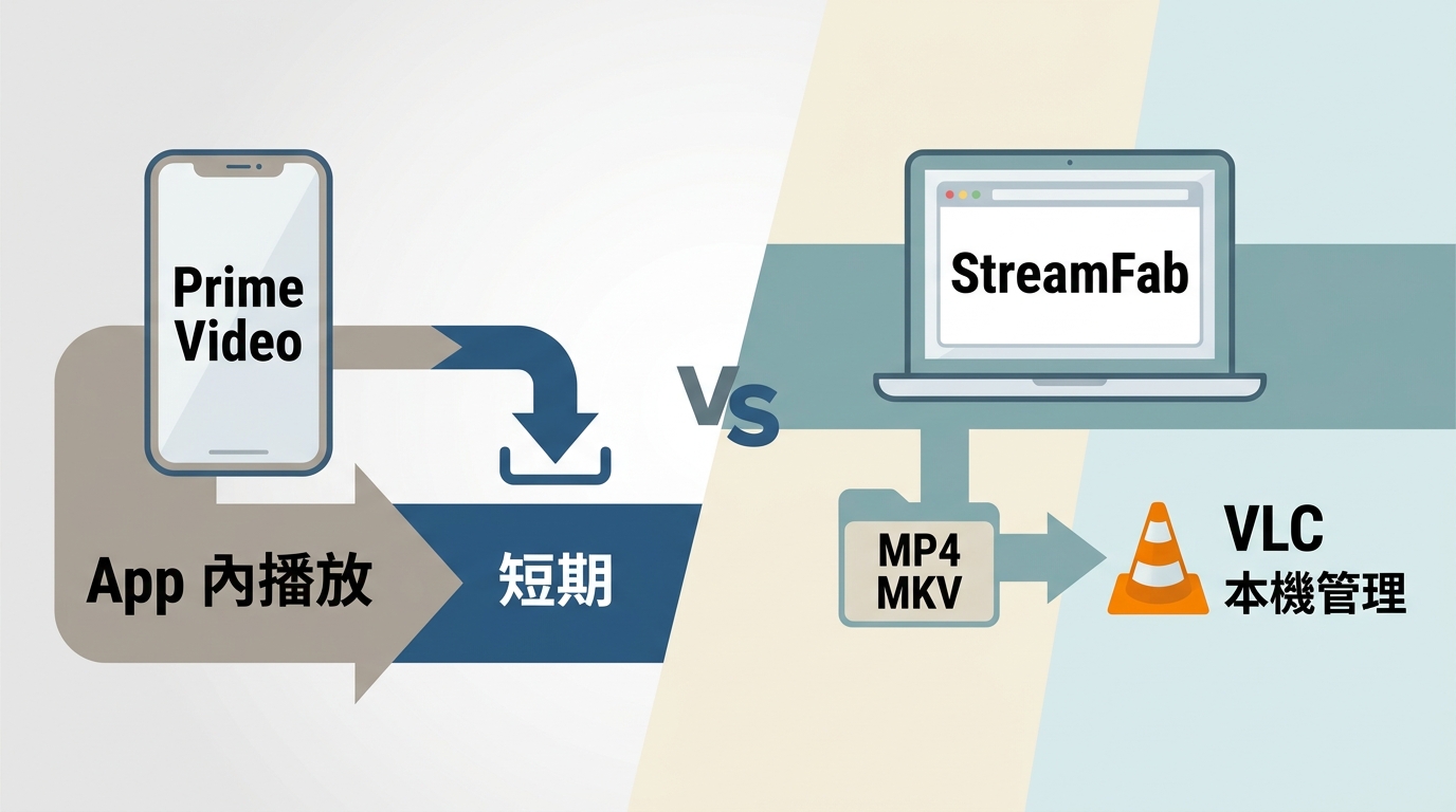 Prime Video App 離線播放與 StreamFab 輸出 MP4/MKV 本機檔案的差異。
