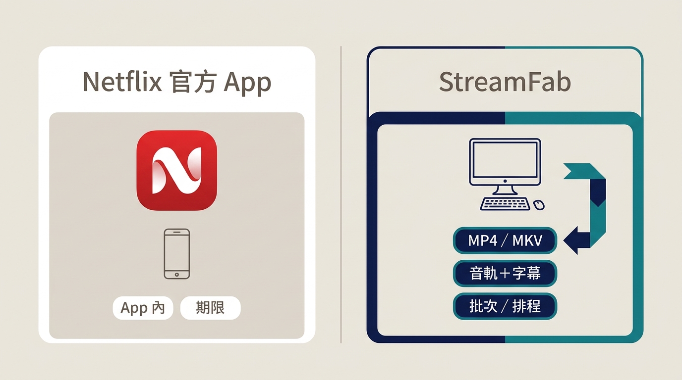 Netflix官方App與StreamFab在離線觀看、MP4／MKV及批次排程的差異。