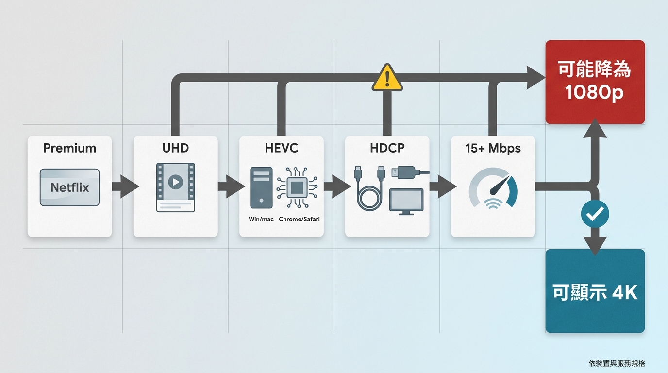 Netflix播放鏈排查：方案、HEVC、HDCP與網路任一不符都可能只顯示1080p。