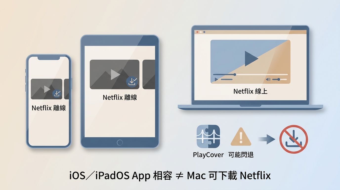 Apple晶片Mac無法因iPhone與iPad App相容性而取得Netflix官方離線下載，PlayCover可能閃退。
