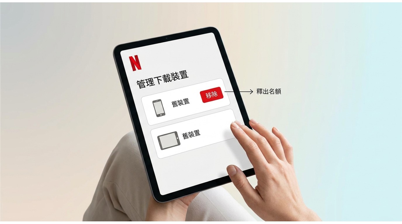 Netflix帳號頁面的管理下載裝置功能，可移除舊裝置釋出名額。