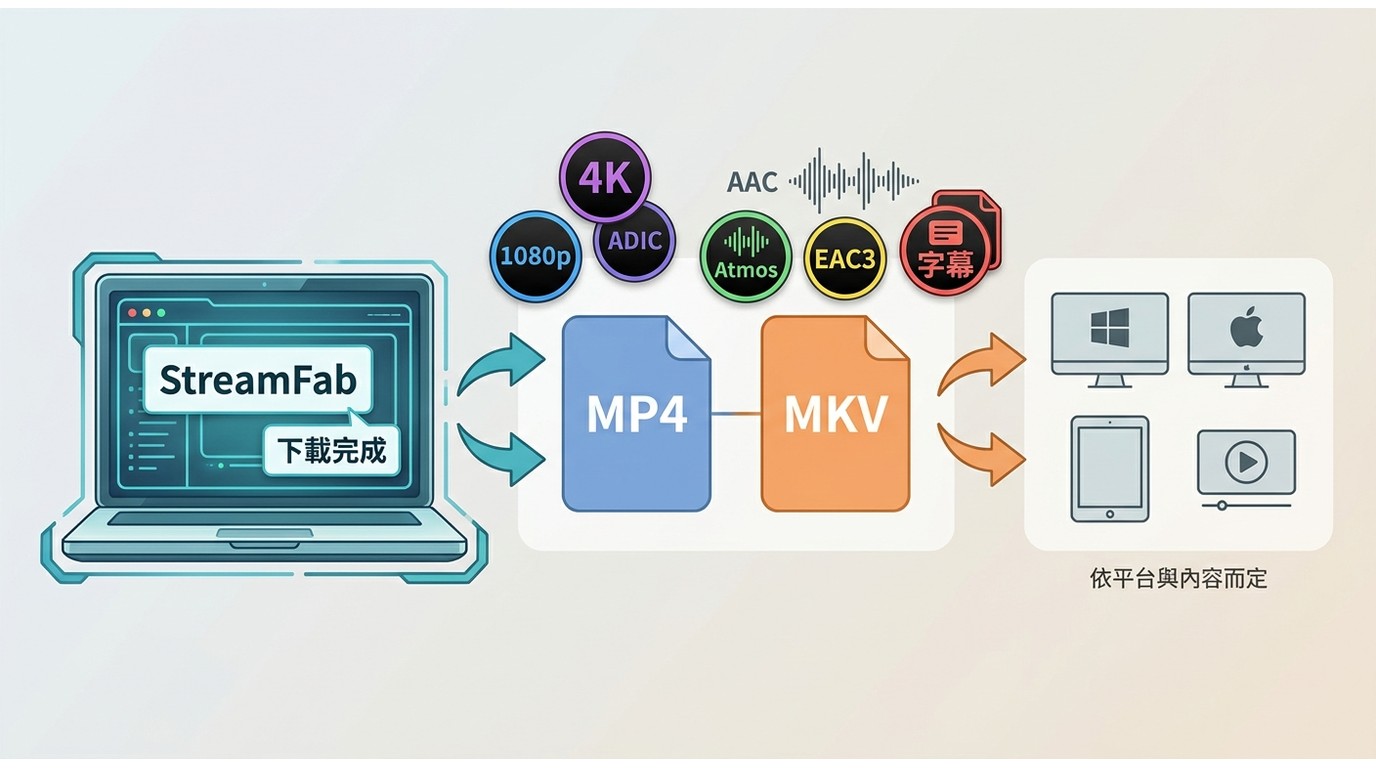 StreamFab 可輸出 MP4、MKV、1080p、4K、音軌與內嵌或外掛字幕,規格受平台影響。
