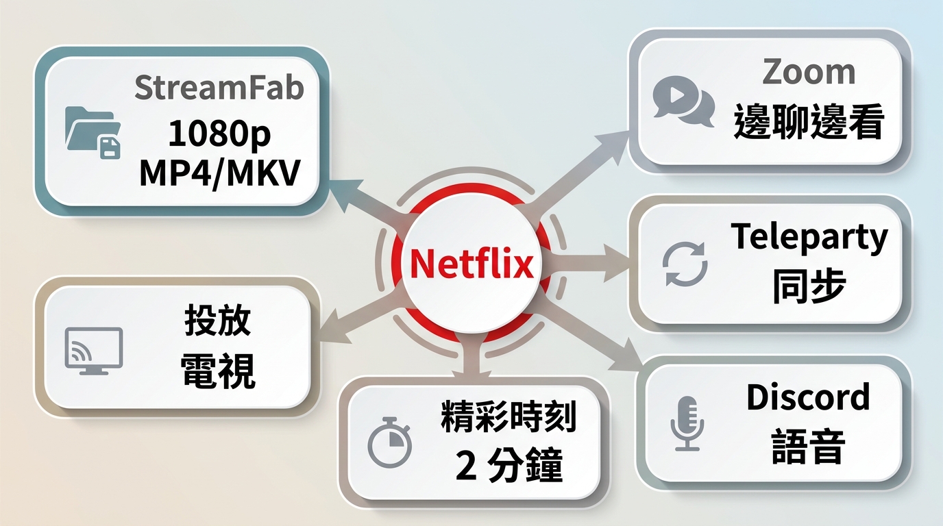 Netflix六種分享方式比較,涵蓋Zoom、Teleparty、Discord、精彩時刻、投放與MP4/MKV。