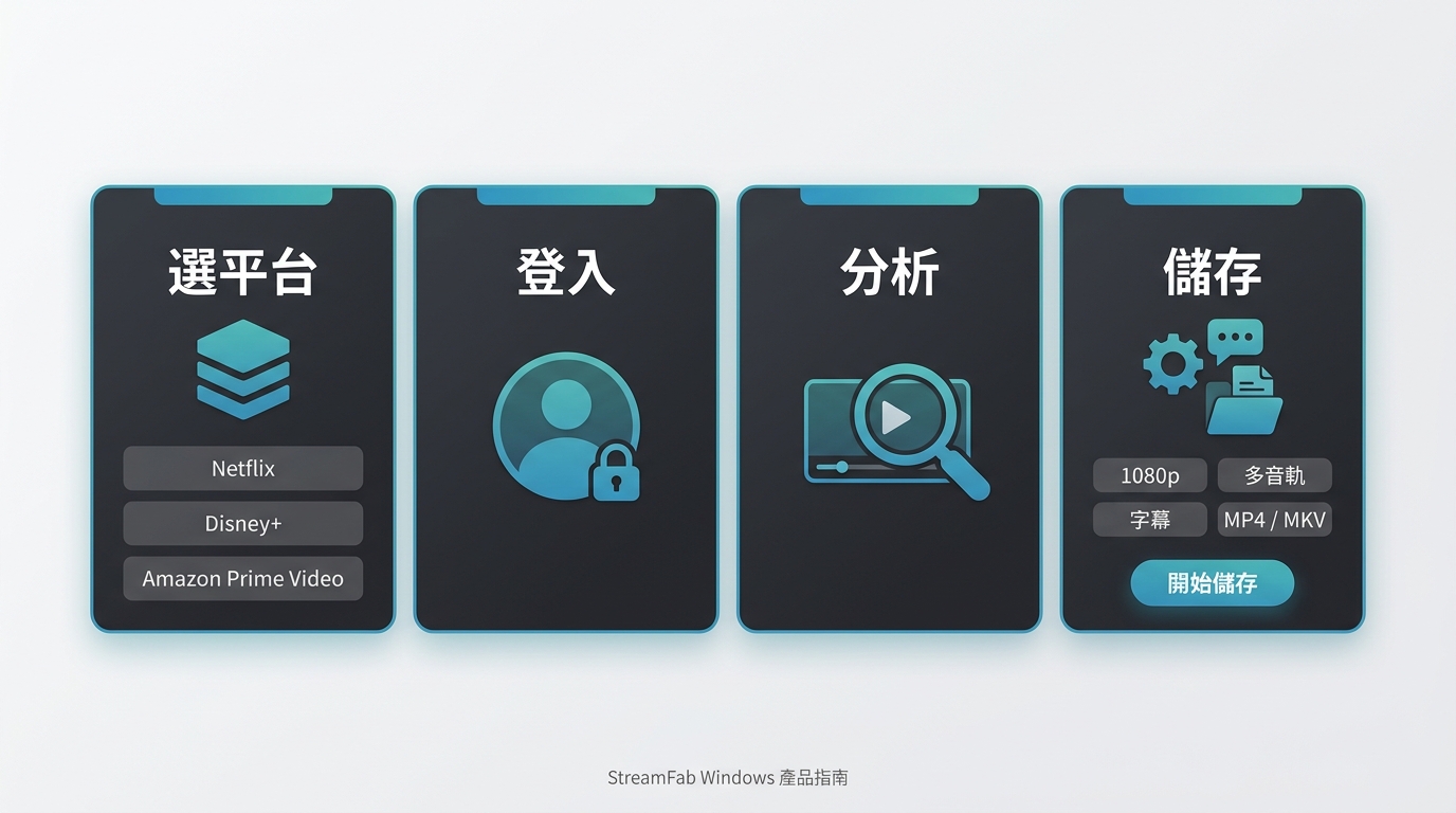 StreamFab 從選擇 Netflix 到設定 MP4、字幕與儲存位置的操作流程。